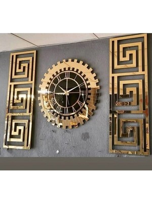 Mediterian 3'lü Pleksi Gold Aynalı 3D Kabartmalı Duvar Saati ve Dekor Seti, Geometrik Stil