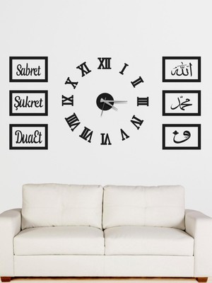 Mediterian 3D Roma Rakamlı Saat ve Sabret Şükret Dua Et Beyazaltın Set, Siyah, Modern, Yuvarlak