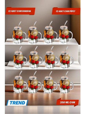 12'li Kulplu Kavanoz 12'li Pipet Hediyeli Set Model Kokteyl Soğuk Kahve Meşrubat Bardak Seti 350 ml
