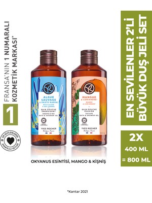 Yves Rocher Yves SETI-9916824 Rocher En Sevilenler 2'li Büyük Duş Jeli Seti 800 ml Okyanus Esintisi ve Mango & Kişniş ile Tüm Cilt Tipleri için
