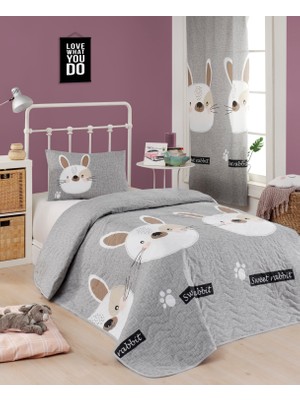 Kapitone Yatak Örtüsü Seti Tek Kişilik Tavşancık A.Kahve-Gri-Pembe