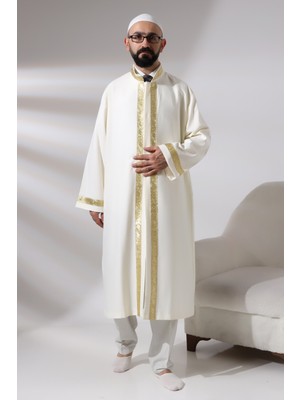 İhvan Online Krem Erkek Namaz Elbisesi Gül Desen Işlemeli Hakim Yaka Imam Cübbesi