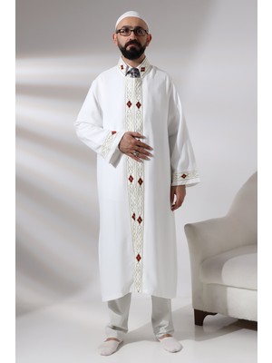 İhvan Online Beyaz Erkek Namaz Elbisesi Desen Işlemeli Hakim Yaka Imam Cübbesi