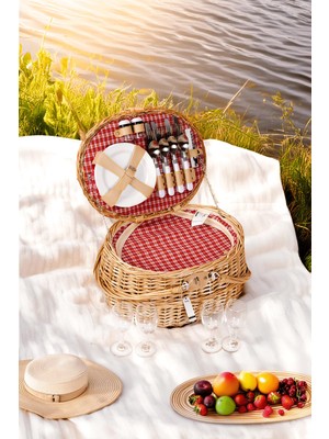 Perotti Picno Italy 4 Kişilik Hasır, Kırmızı Astarlı Yuvarlak Cooler, Aksesuar Sepeti İle Taşınabilir Piknik Sepeti