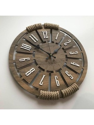 Mediterian Kahverengi ahşap ve halat detaylı modern duvar saati, şık ve doğal tasarım 40x40 boyut.