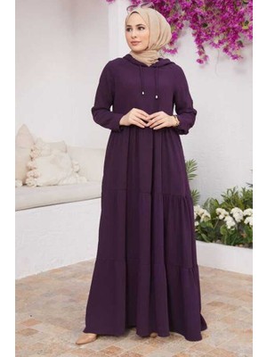 Neways 6531-KREP Kapşonlu Reglan Kollu Elbise Mürdüm