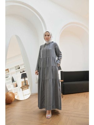 Neways 6649-KAPŞONLU Büzgülü Tensel Elbise Gri