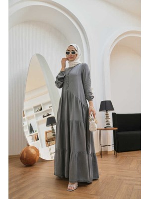 Neways 6646-TENSEL Britli Düğmeli Büzgülü Elbise Gri