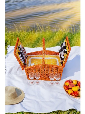 Perotti Picno Italy 4 Kişilik Hasır, Sarı Astarlı Cooler, Aksesuar Sepeti İle Taşınabilir Piknik Sepeti