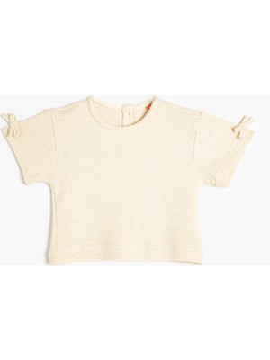 Koton Tüvit Crop T-Shirt Kısa Kollu Fiyonk Detaylı Bisiklet Yaka  Pamuklu