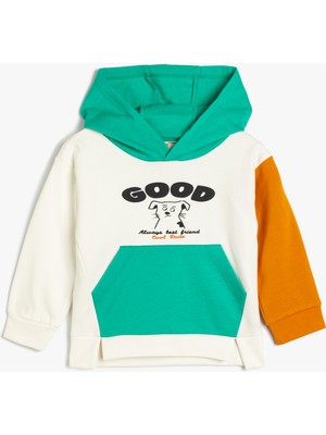 Koton Kapşonlu Sweat Baskılı Kanguru Cepli Renk Bloklu Pamuklu