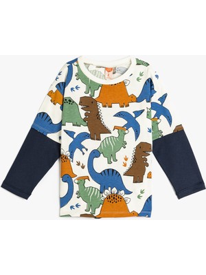 Koton Uzun Kollu T-Shirt Dinozor Baskılı Bisiklet Yaka