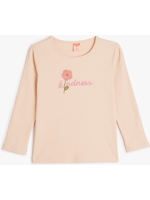 Koton T-Shirt Uzun Kollu Çiçek Işlemeli Bisiklet Yaka Pamuklu