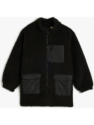 Koton Modern Stil Siyah Peluş Ceket Fermuarlı Dik Yaka Erkek Çocuk 4-5 Yaş Cepli