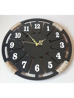 Mediterian Siyah Ahşap Duvar Saati, Hasır Detaylı, Modern ve Şık Tasarım 40x40 cm