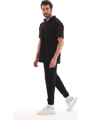 Blacktree  Yakalı Oversize T-Shirt Eşofmanlı Takım - Siyah