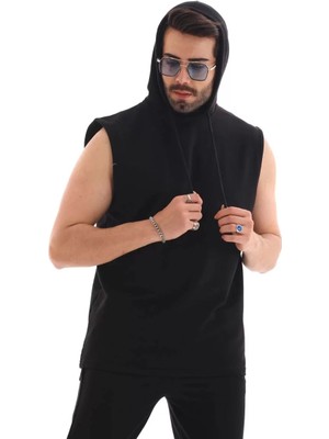 Blacktree Unisex Kapşonlu Kolsuz Eşofman Takımı- Siyah