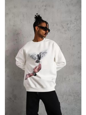 Erkek Güvercin Baskılı Sweatshirt - Beyaz