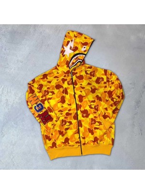 Koflandy Unisex 2 Iplik Bape Kapüşonu Fermuarlı Hırka - Sarı