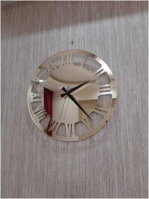 Mediterian Modern oval duvar saati, 40x40 cm, şık altın sarısı, MDF ve aynalı detaylı