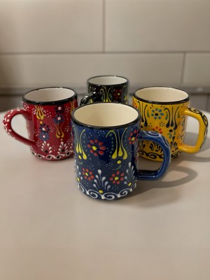 Artistic Quality Dekoratif Çini Işlemeli Büyük Kupa, Duble Kahve Fincanı, Ayran Bardağı, Meşrubat Bardağı 4 Adet