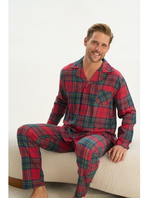 Erkek Uzun Kol Gömlek Yaka Önden Düğmeli Kırmızı Pijama Takım C1T5N5O9
