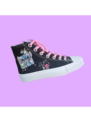 Lias Shoes Laylok Baskılı Siyah Keten Çocuk Spor Ayakkabı Sneaker