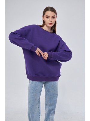 Yüksel Işık Unisex Mor Renk Basic Sweatshirt Bisiklet Yaka Hoodie %100 Pamuklu