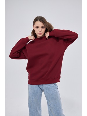 Yüksel Işık Unisex Bordo Renk Basic Sweatshirt Bisiklet Yaka Hoodie %100 Pamuklu