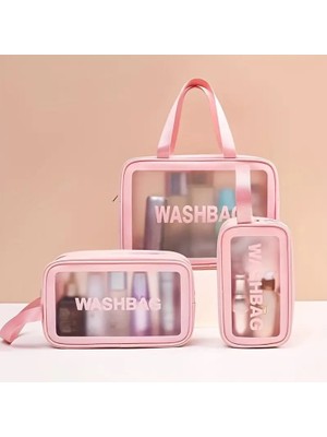 Depokon Seyahat Makyaj Çantası Washbag Taşınabilir Pvc Su Geçirmez 3'lü Çanta Seti Pembe