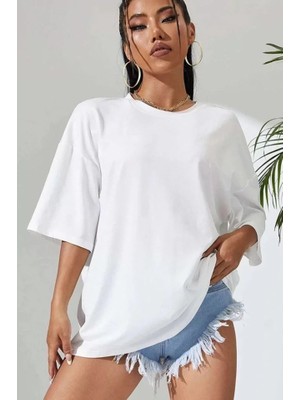 Aisha Elbise Unisex Baskılı Oversize T-Shirt - Beyaz