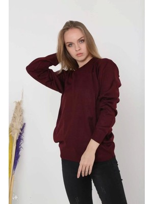 Unisex Uzun Kol Biskilet Yaka Dokuma Triko - Bordo