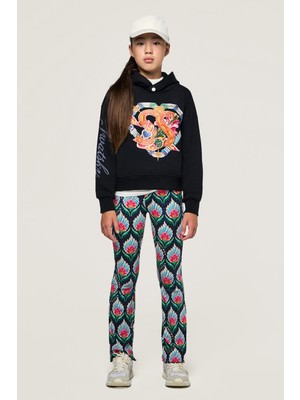 Swatsky Bg Store Kız Çocuk Siyah Sweatshirt Kapüşonlu Uzun Kol Baskılı Tasarım