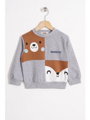 Tilki ve Ayı Figurlu Bisiklet Yaka Gri Melanj Renk Erkek Çocuk Sweatshırt