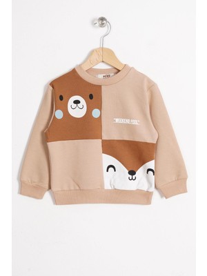 Tilki ve Ayı Figurlu Bisiklet Yaka Camel Renk Erkek Çocuk Sweatshırt