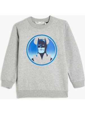 Koton Batman Lisanslı Baskılı Gri Sweatshirt Erkek Çocuk Truvakar Kol Şardonlu Ekstra Konfor