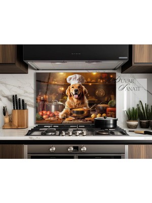 Mediterian Sevimli Sarı Köpek Temiz Cam Ocak Arkası Koruyucu, 1 Parça, Hayvan Desenli