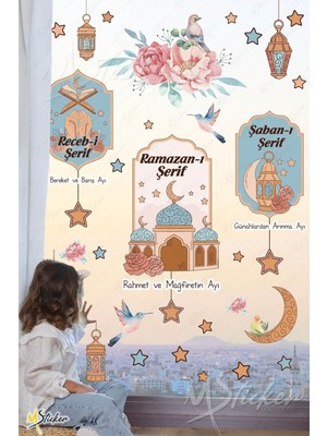 Mediterian Ramazan ve 3 Aylar temalı renkli çocuk desenli duvar cam sticker seti, 5+ parça