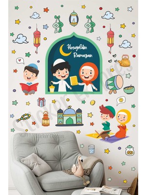 Mediterian Ramazan çocuk temalı renkli duvar ve kapı sticker seti, şık ve eğlenceli dekorasyon 5+ parça