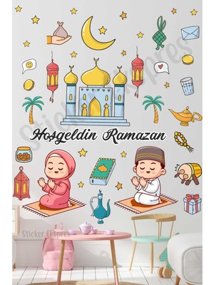 Mediterian Çocuk odası renkli Ramazan temalı cam ve kapı sticker seti, 5+ parça, figür desenli