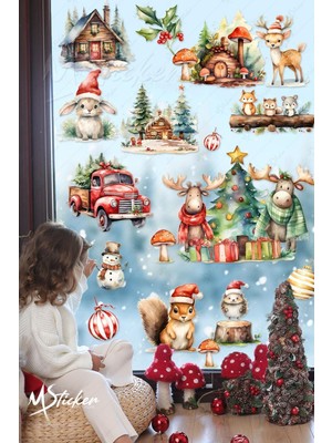 Mediterian Kış temalı sevimli hayvanlar ve yılbaşı sticker seti, 5+ parça, renkli, çocuk temalı