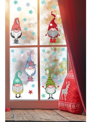 Mediterian Yılbaşı Temalı Sevimli Cüceler ve Kar Tanesi Dekoratif Pencere Stickerleri, Çok Renkli, 3D