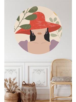 Mediterian Kırmızı Kadın Silüet Tam Daire Duvar Sticker, Şık ve Dekoratif, Geometrik Tasarım