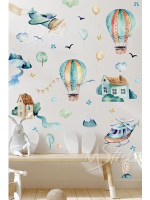 Mediterian Çocuk Odası Renkli Suluboya Desenli Balonlar ve Uçaklar Sticker Seti 5+ Parça