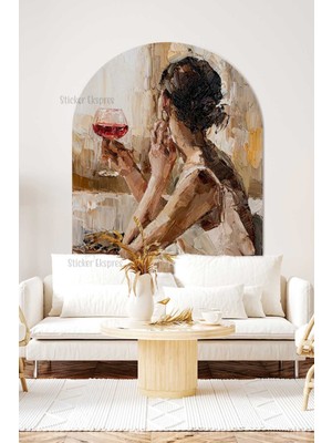 Mediterian Yağlı Boya Şarap Içen Kadın Portresi Dekoratif Duvar Sticker