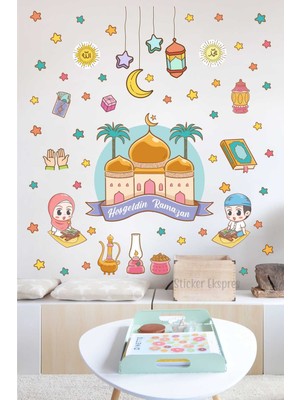 Mediterian Renkli Ramazan Figürleri Cam Kapı ve Duvar Sticker Seti, 5+ Parça, Çok Renkli, Bebek ve Çocuk Odası İçin