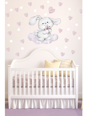 Mediterian Pembe Çiçekli Tavşan Bebek Odası Duvar Dekor Seti, Renk: Pembe, 1 Parça