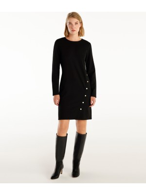 Düğme Detaylı Uzun Kollu Bisiklet Yaka Kısa Elbise