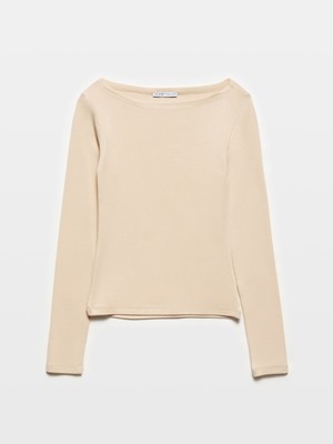 31332 Kayık Yaka Uzun Kollu Top-Açık Bej