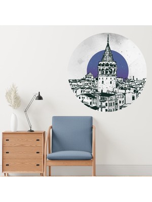 Mediterian Mavi Galata Kulesi Karakalem Duvar Sticker, Şık ve Modern Dekorasyon Parçası